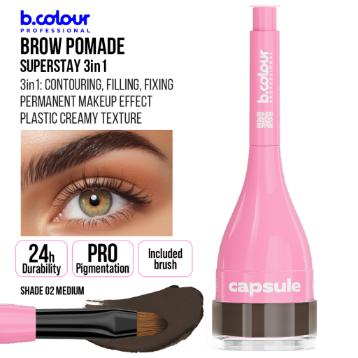 SuperStay brow pomade 3in1 / 02 Medium, B.COLOUR PROFESSIONAL CAPSULE, 3,3 g