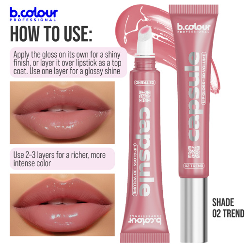 Lip gloss with 3D mirror effect / 02 Trend, B.COLOUR PROFESSIONAL CAPSULE, 12 ml