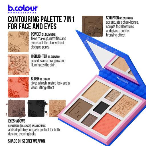 Contouring face and eyes palette / 01 Secret weapon, B.COLOUR PROFESSIONAL CAPSULE, 4*4 g , 3*1,3 g